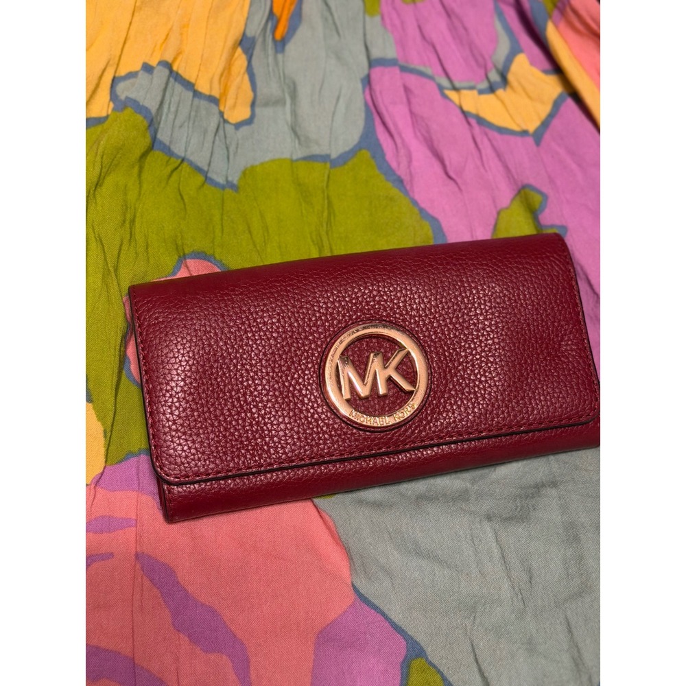 Michael Kors Fulton Flap Continental Wallet Merlot Pebbled Leather Gold Logo